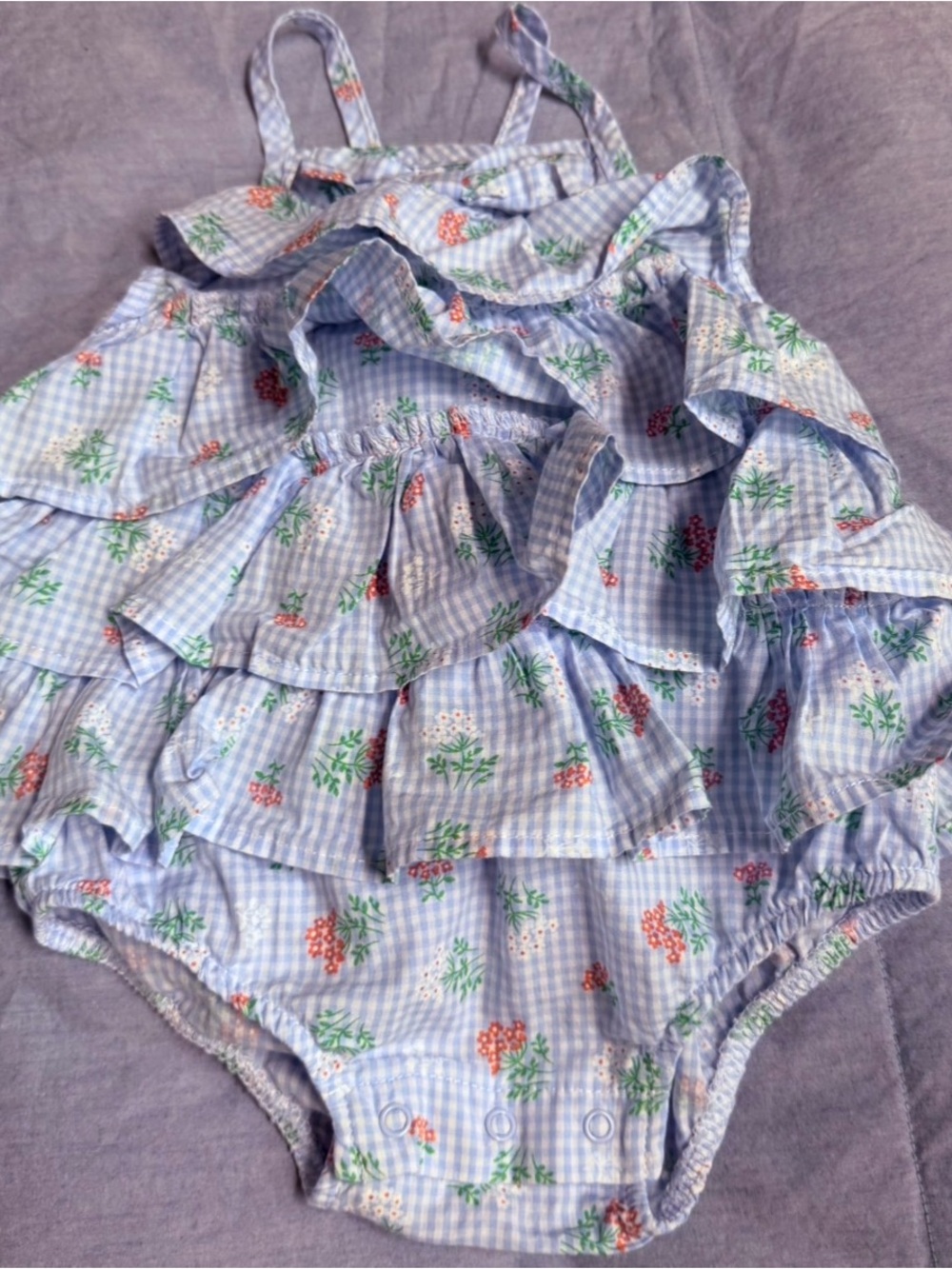 Little Me Blue Gingham Floral Ruffle Baby 9 mos Bubble Romper
